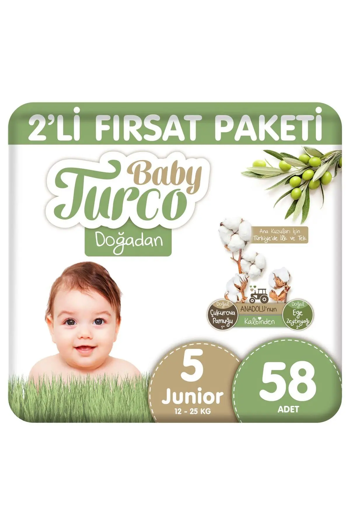 Baby Turco Doğadan 2’li Fırsat Paketi Bebek Bezi 5 Numara Junior 58 Adet – Yüksek Emici Koruma
