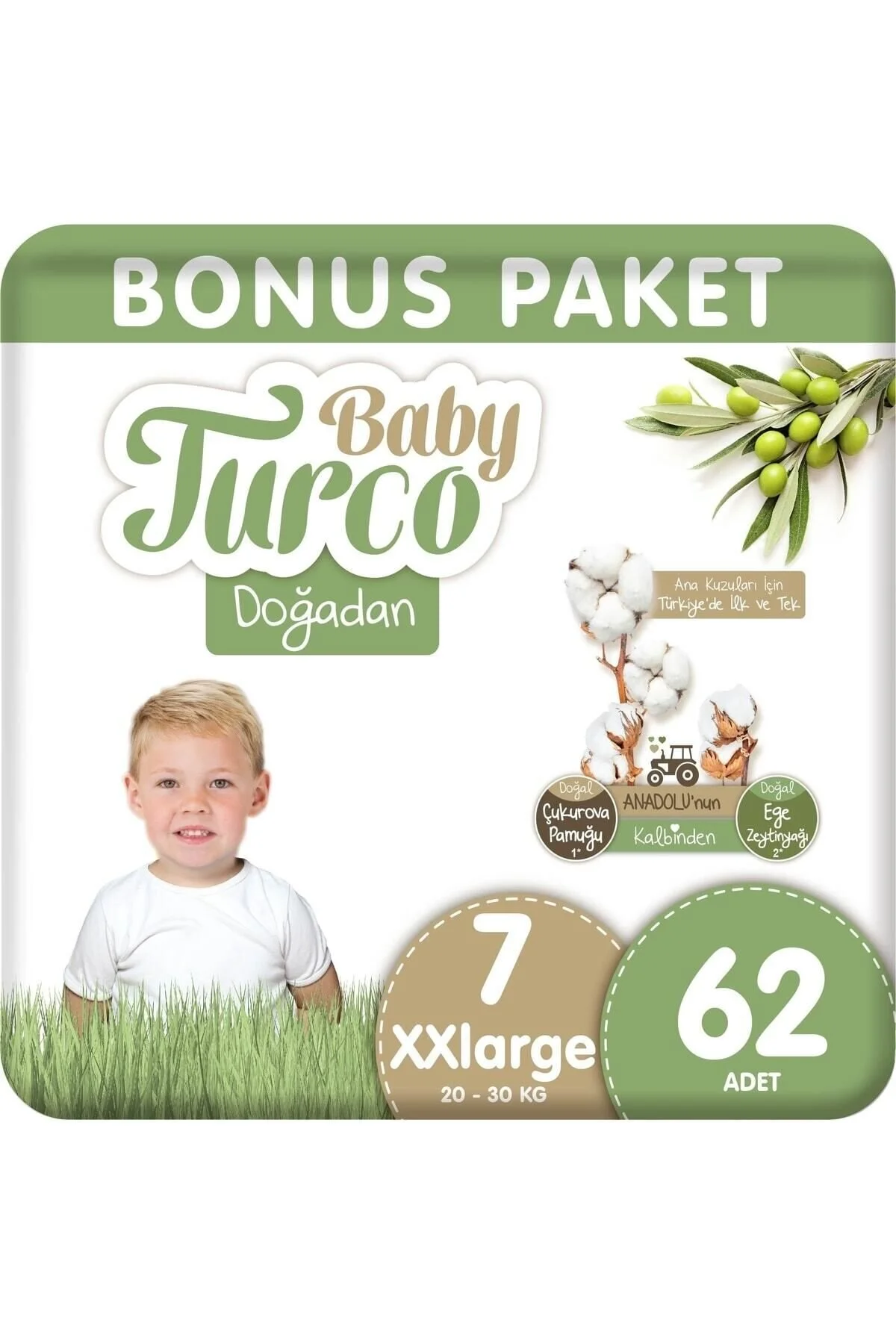 Baby Turco Doğadan 7 Numara XXLarge Bebek Bezi 62 Adet | 16+ Kg Ultra Emici Bebek Bezi